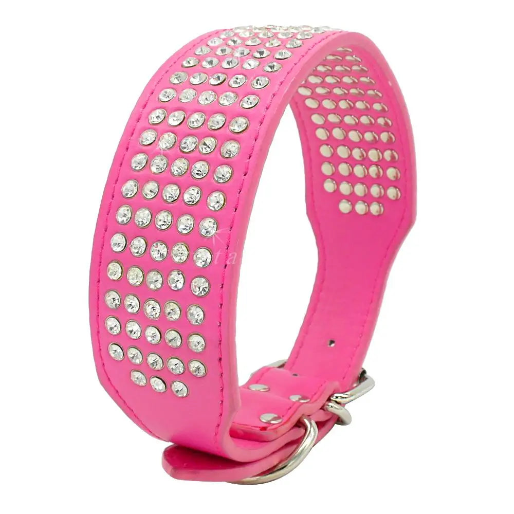 2" Width 5 Rows Rhinestone Dog Puppy Pet Collars – Bling Leather Diamante Collar XS–XL