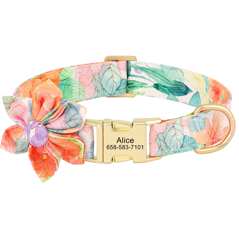 🌸 Personalized Floral Nylon Dog Collar with Free Engraving – Adjustable for Small, Medium, Large Dogs