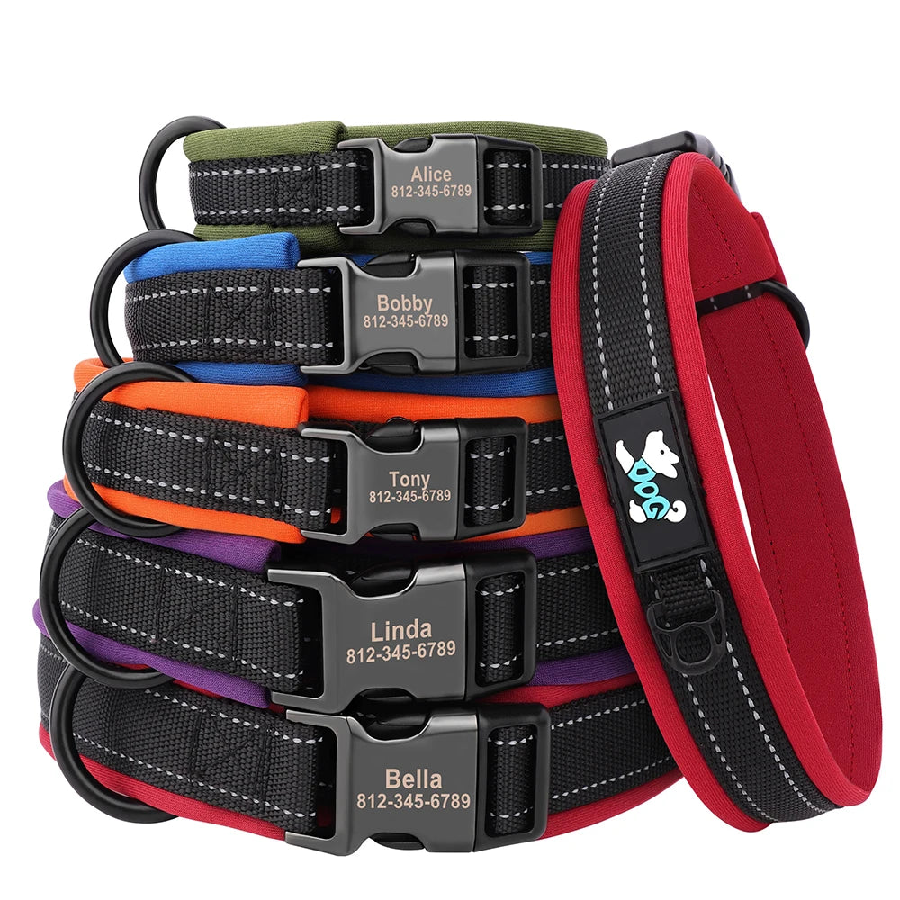 Adjustable Dog Collar - Personalized Reflective Padded Collar with Free Engraved ID Tag for Small, Medium & Large Dogs (Pitbull, Pug & More)
