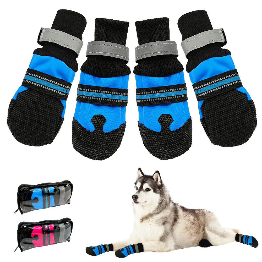 4pcs Waterproof Dog Shoes – Anti-Slip Winter Boots with Reflective Straps for Medium & Large Dogs