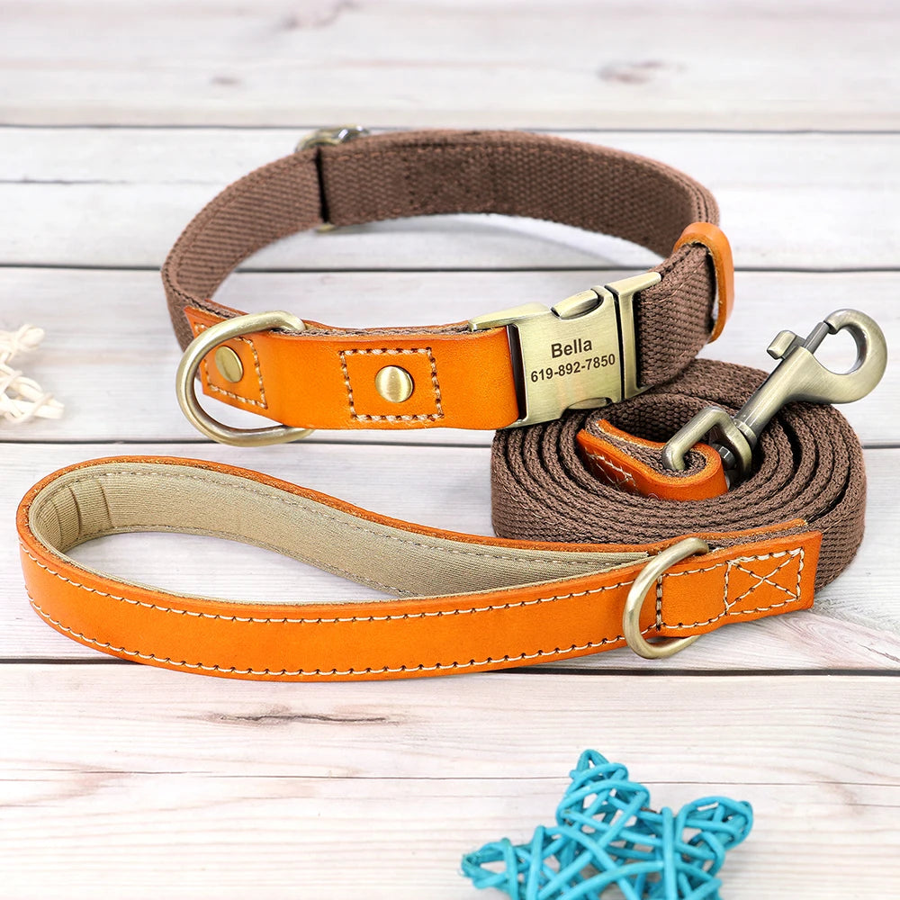 Nylon Custom Dog Collar & Leash Set – Personalized with Leather Nameplate