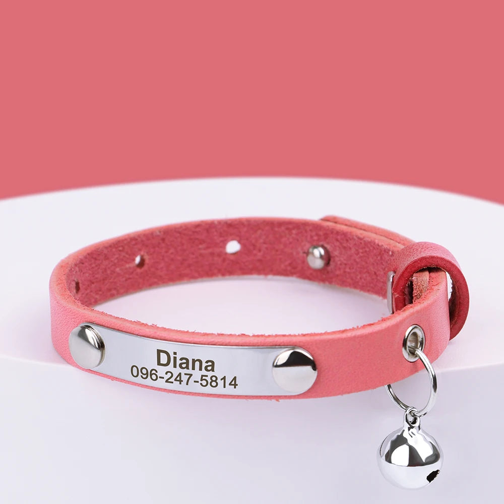 Personalized Leather Cat Collar – Adjustable Kitten & Puppy Collar with Free Engraved ID Tag