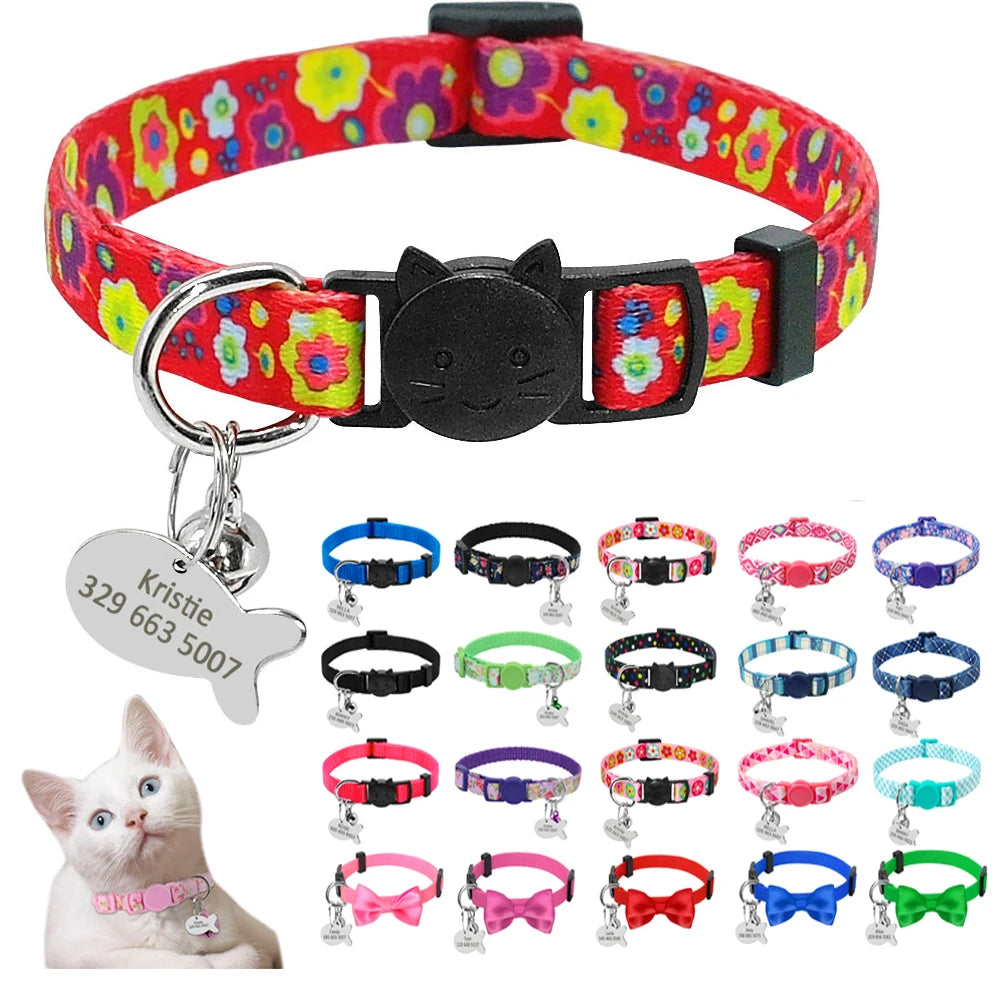 Personalized Cat Collar with Engraved Fish Tag – Adjustable Nylon Collar for Cats & Small Dogs