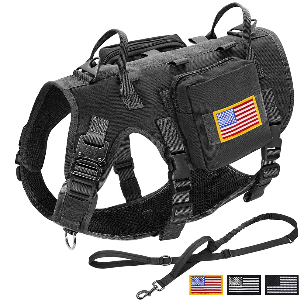 Tactical Military Dog Harness, Collar & Leash Set – Durable MOLLE Training Vest with Pouches & Flag for Large Dogs
