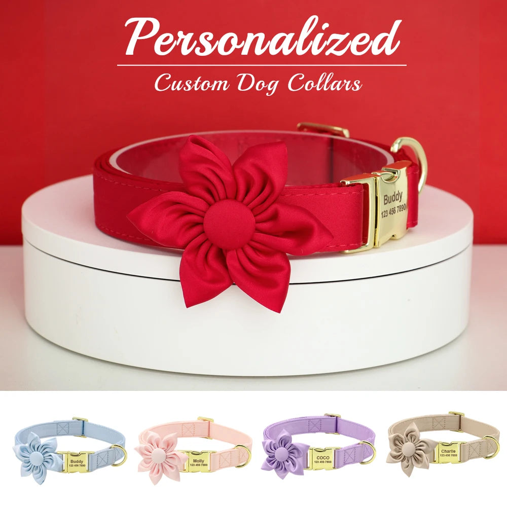 Personalized Silk Dog Collar with Bowtie & Flower – Custom Engraved ID Tag | Adjustable Wedding Collar for Small, Medium & Large Dogs