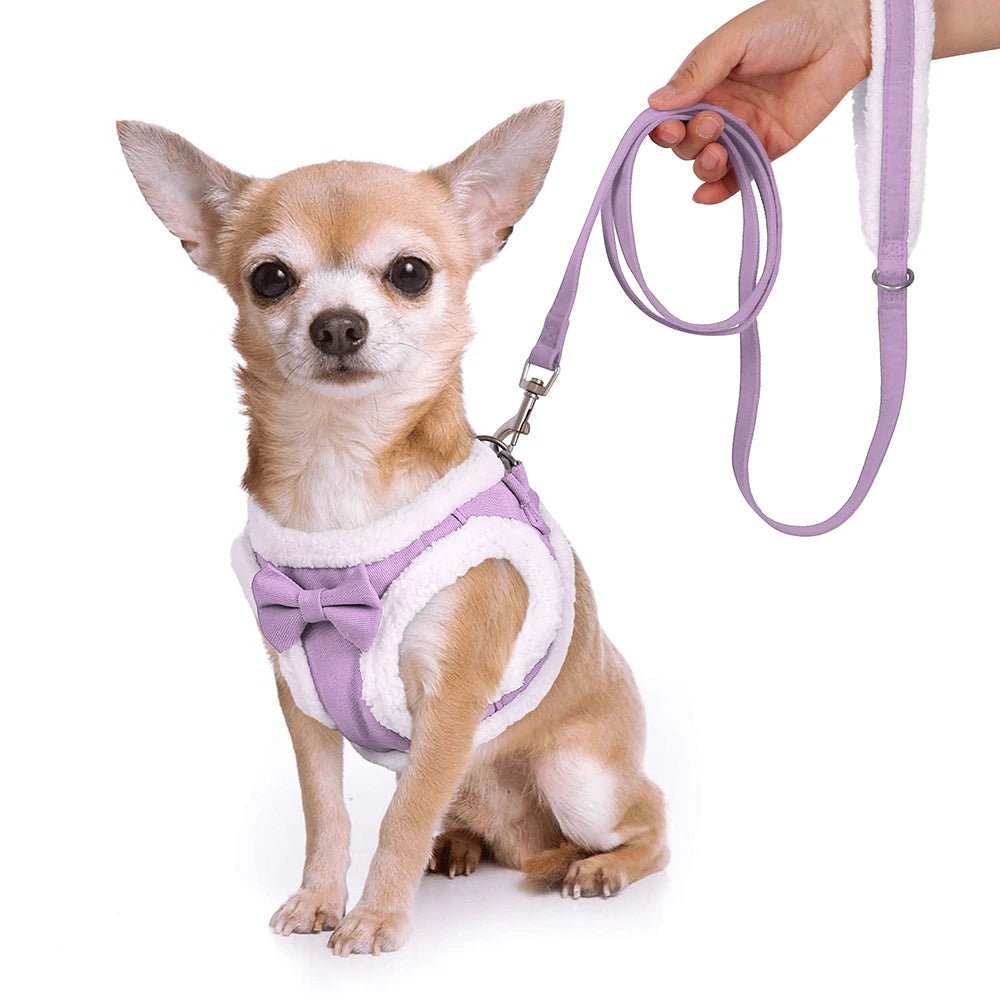 Winter Warm Dog Harness Leash Set – Soft Fleece Pet Vest with Bowtie for Small & Medium Dogs