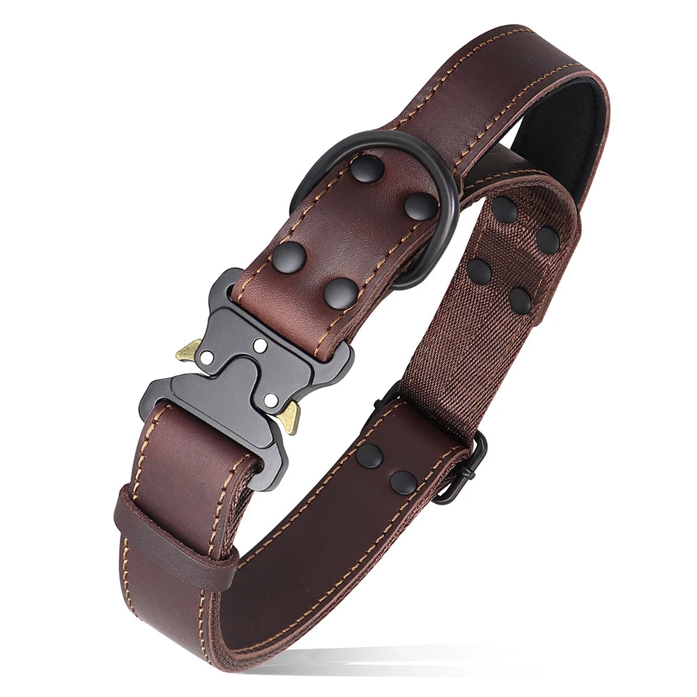 Real Leather Dog Collar with Handle – Tactical Military Training Collar for Medium & Large Dogs (German Shepherd, Hunting & Working Dogs)