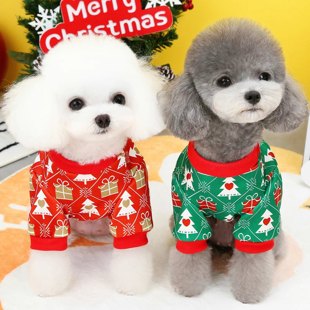 Christmas Dog T-Shirt – Holiday Outfit with Christmas Tree Pattern