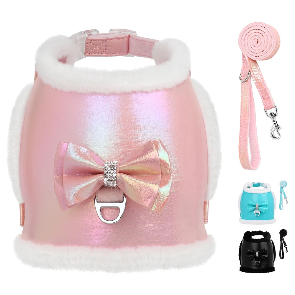 Winter Dog Harness & Leash Set with Fur Collar – Bling Bowtie Design for Small & Medium Dogs & Cats