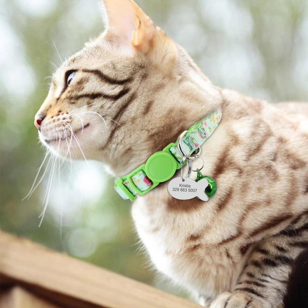 Personalized Cat Collar with Engraved Fish Tag – Adjustable Nylon Collar for Cats & Small Dogs