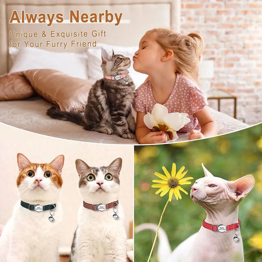 Personalized Cat Collar – PU Leather Adjustable Kitten & Puppy Collar with Engraved ID Nameplate & Bell, Anti-Lost Pet Collar