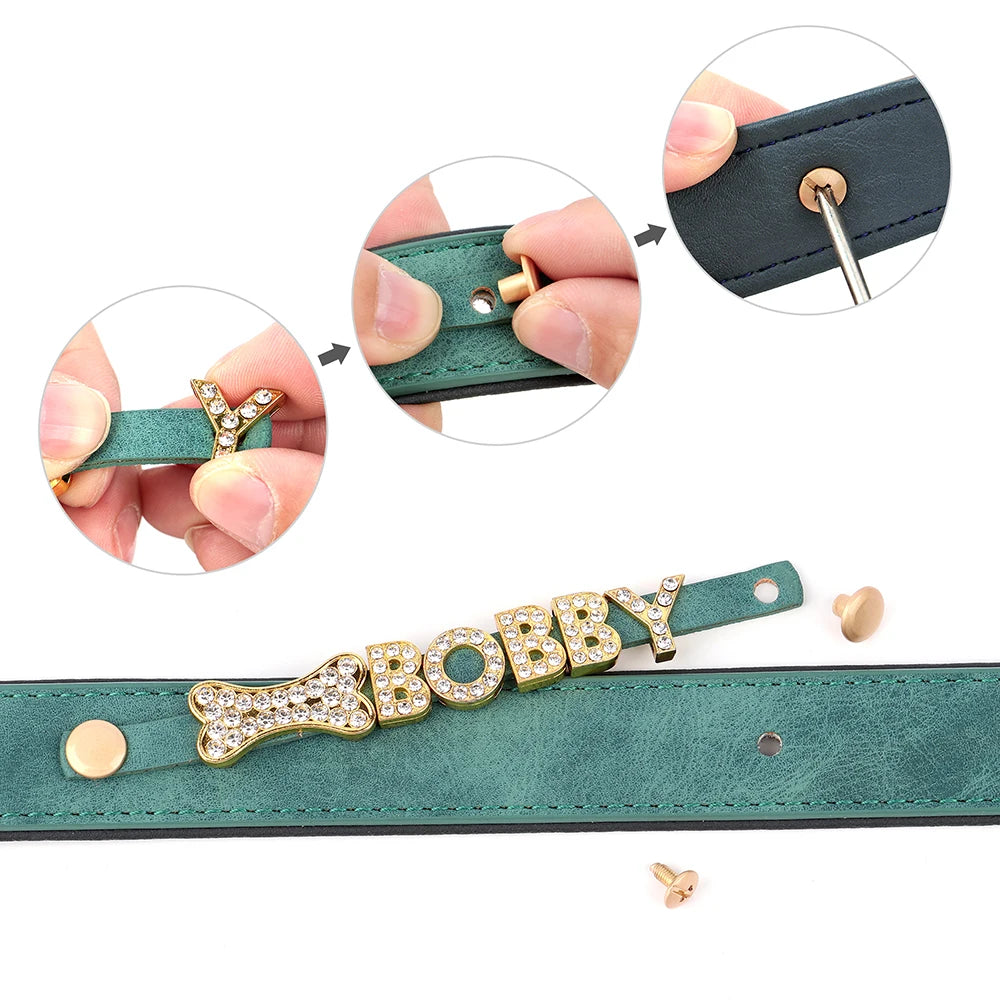 Custom Dog Name Collar – Bling Rhinestone Leather Collar with Free Charms & Personalized Letters