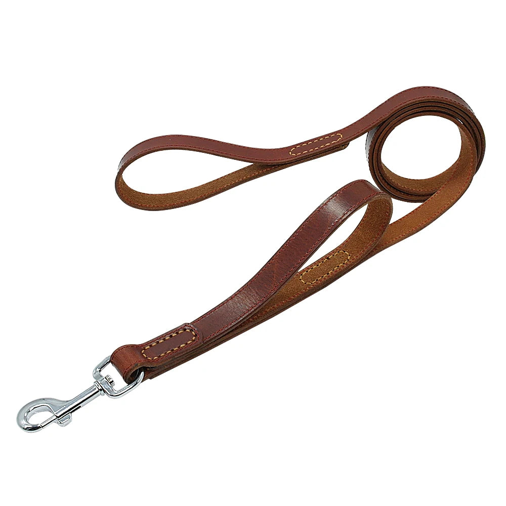 Genuine Leather Dog Leash – Double Handle Training & Walking Lead for Medium & Large Dogs