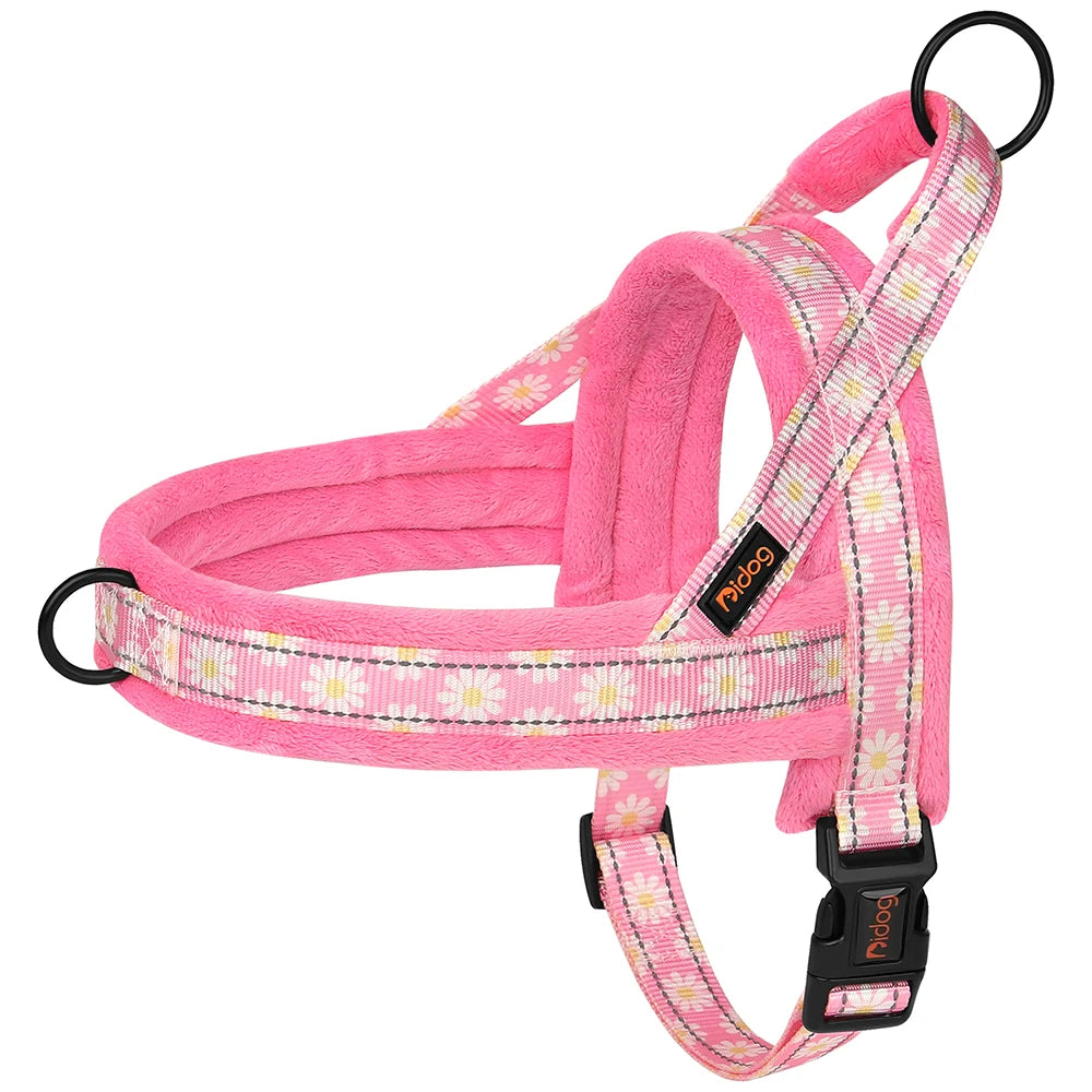 Winter Dog Harness No Pull Reflective Pet Dogs Vest Harness Warm Fur Padded Strap Harness for Medium Large Dogs Flower Print