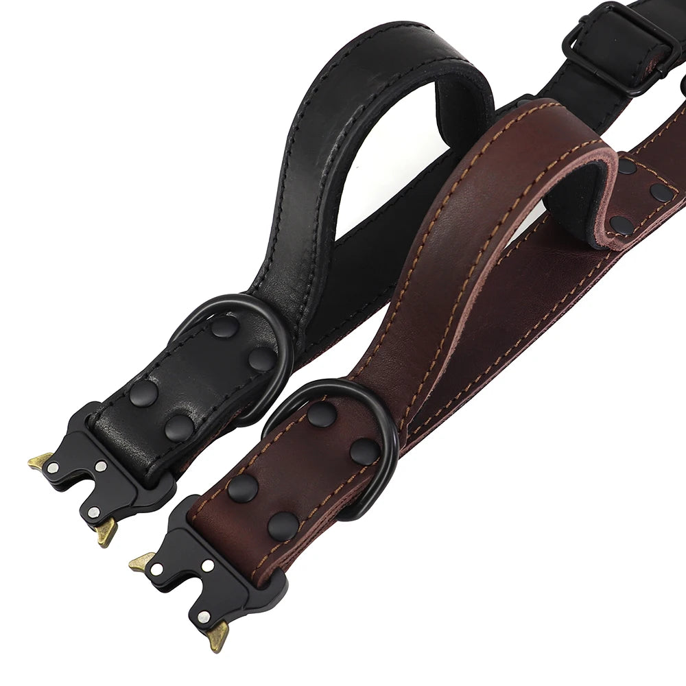 Real Leather Dog Collar with Handle – Tactical Military Training Collar for Medium & Large Dogs (German Shepherd, Hunting & Working Dogs)