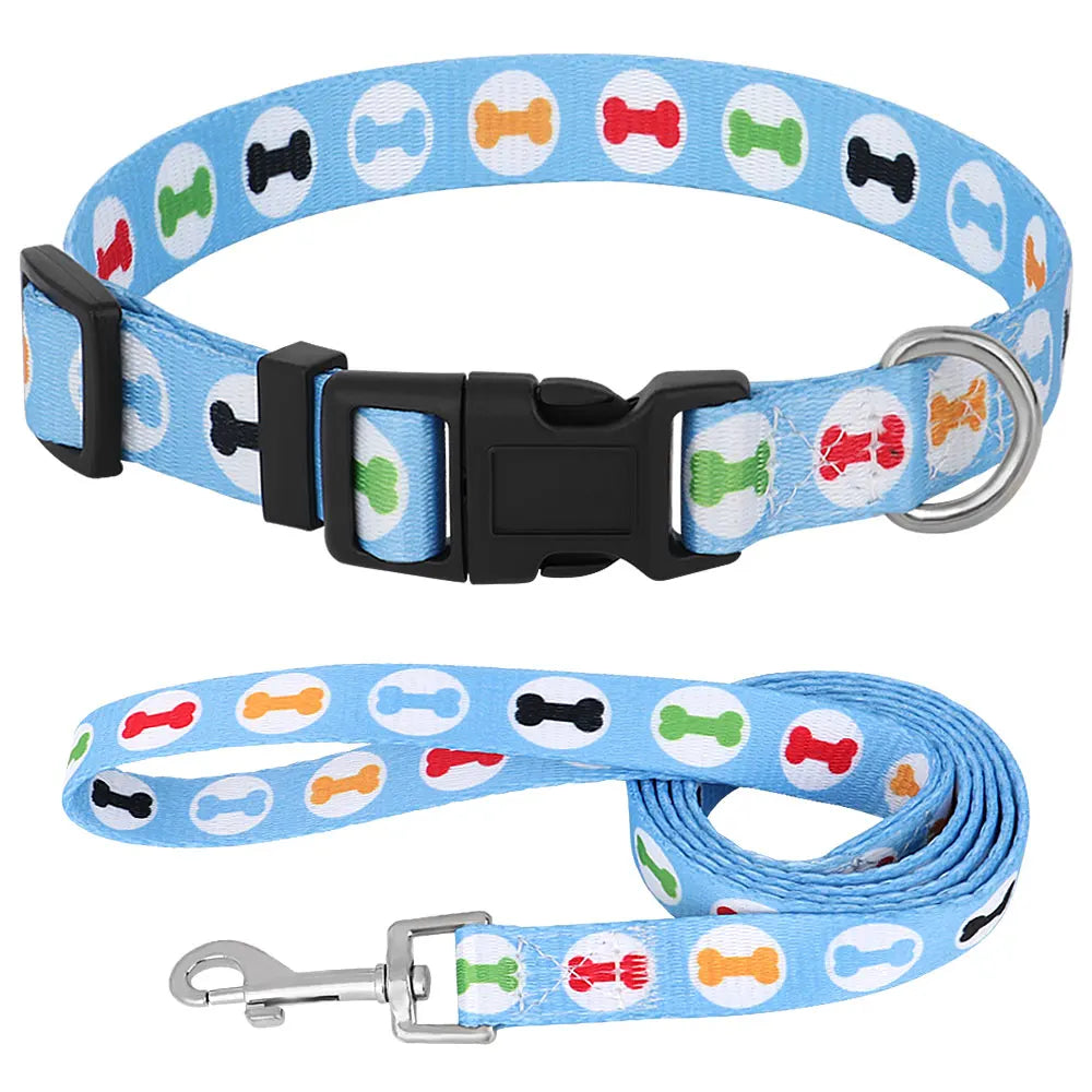 Cute Puppy Dog Collar & Leash Set – Adjustable Printed Nylon Collar with Matching Lead for Small Dogs & Cats (Flower/Bone/Striped Prints)