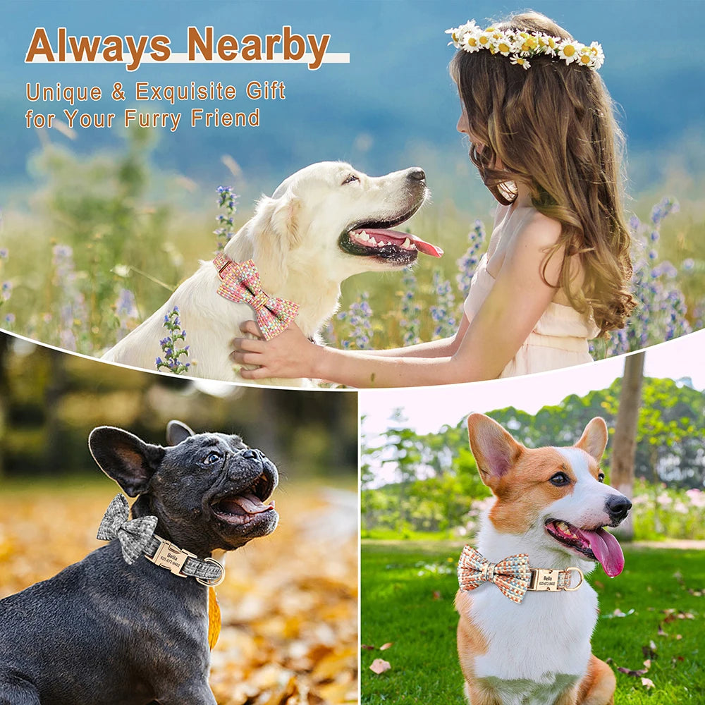 Custom Plaid Leather Dog Collar with Bow – Personalized Nameplate | Free Engraving | Small to Large Dogs