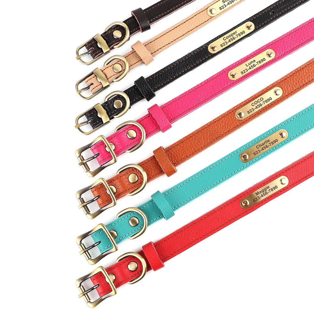 Personalized Genuine Leather Pet Puppy Collar For Small Dogs Cats