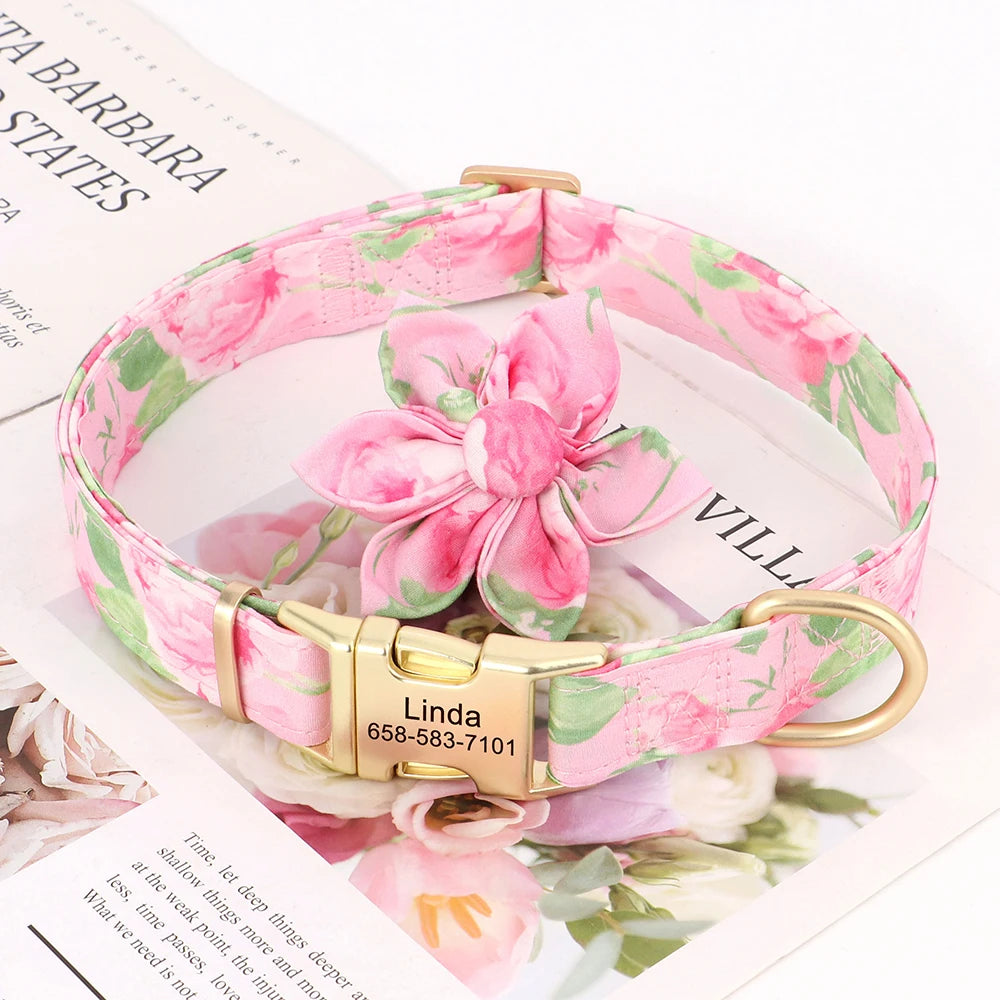 🌸 Personalized Floral Nylon Dog Collar with Free Engraving – Adjustable for Small, Medium, Large Dogs