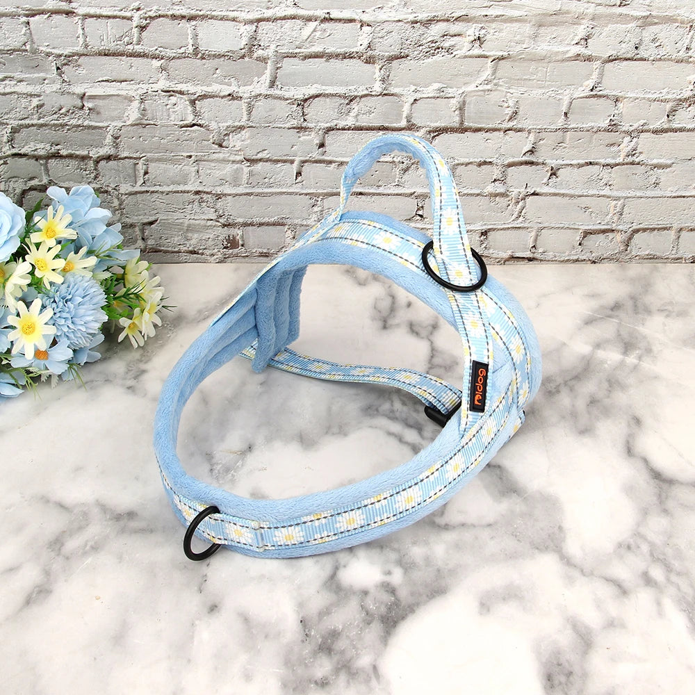 Winter Dog Harness No Pull Reflective Pet Dogs Vest Harness Warm Fur Padded Strap Harness for Medium Large Dogs Flower Print