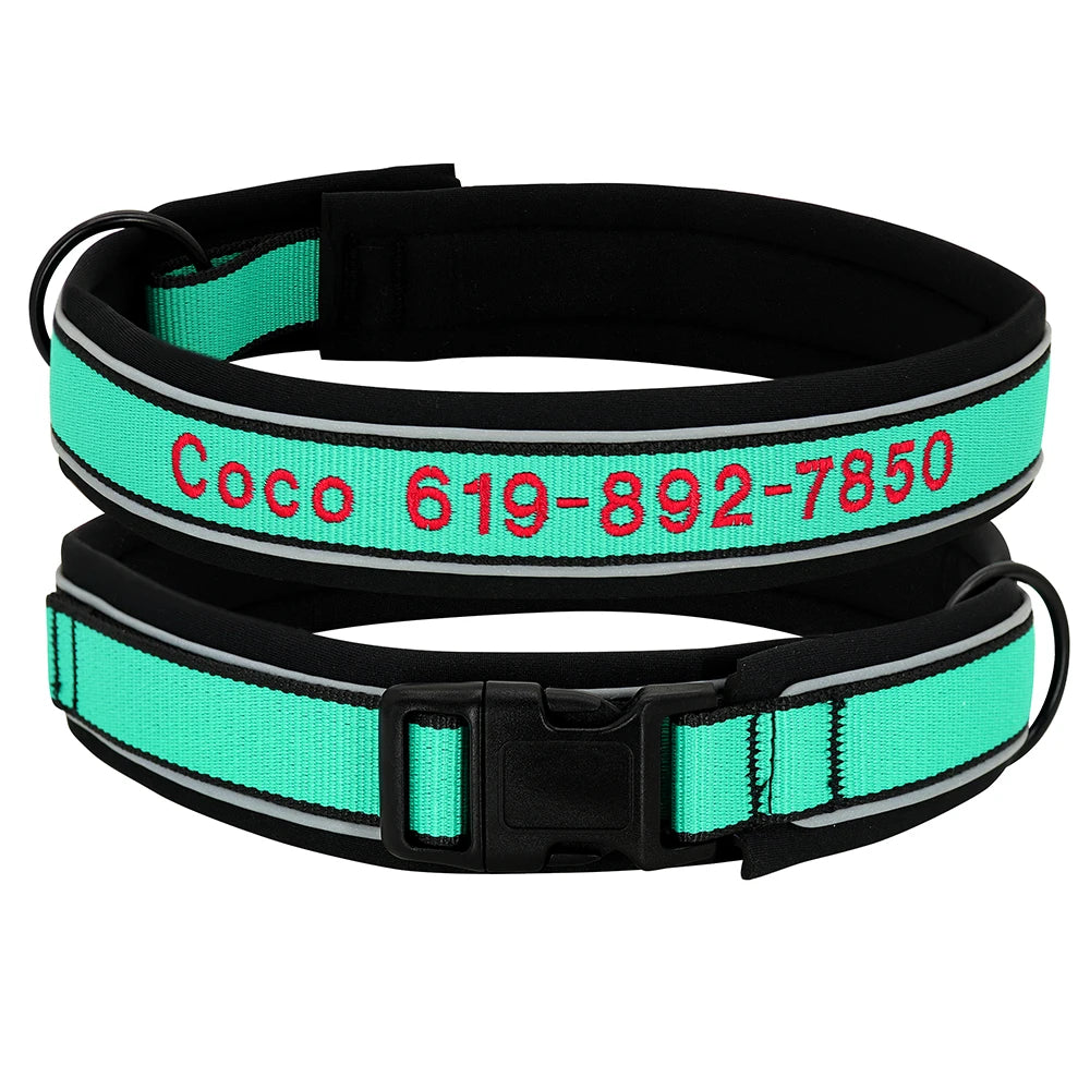 Personalized Embroidered Dog Collar – Reflective Nylon, Custom Name ID Tag – Small Medium Large Dogs