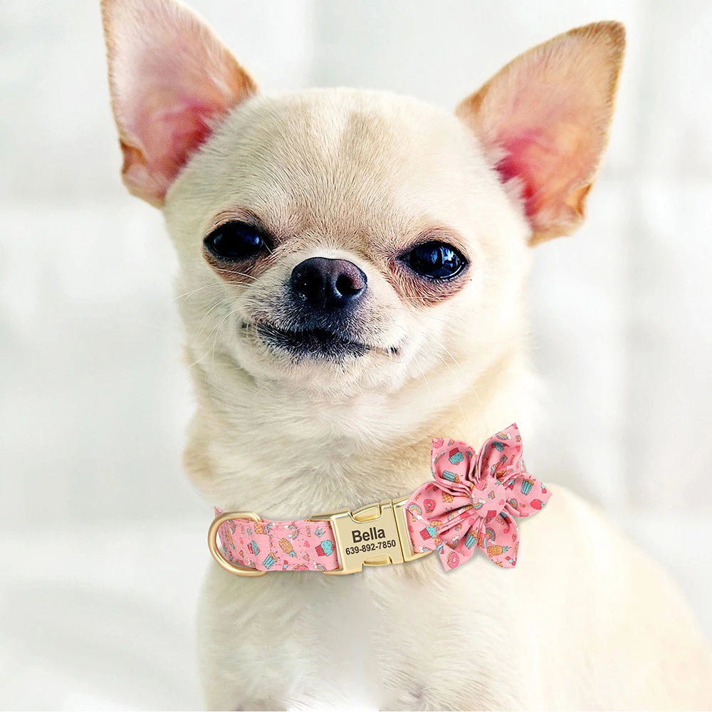 Personalized Dog Collar with Flower Print – Custom Engraved Nameplate | Adjustable Nylon Pet Collar for Small, Medium & Large Dogs