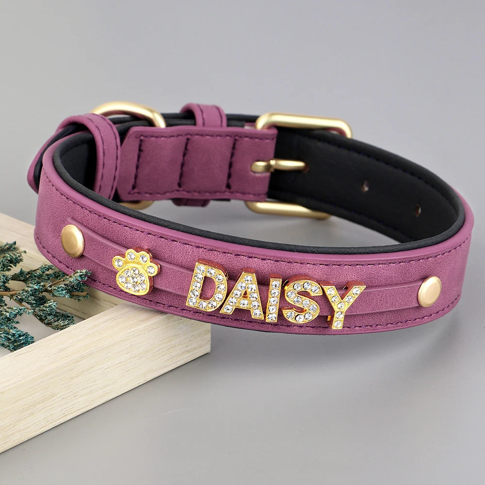 Custom Leather Dog Collar – Personalized Bling with Name & Charms