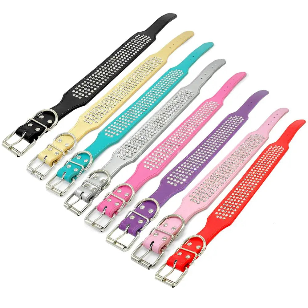 2" Width 5 Rows Rhinestone Dog Puppy Pet Collars – Bling Leather Diamante Collar XS–XL