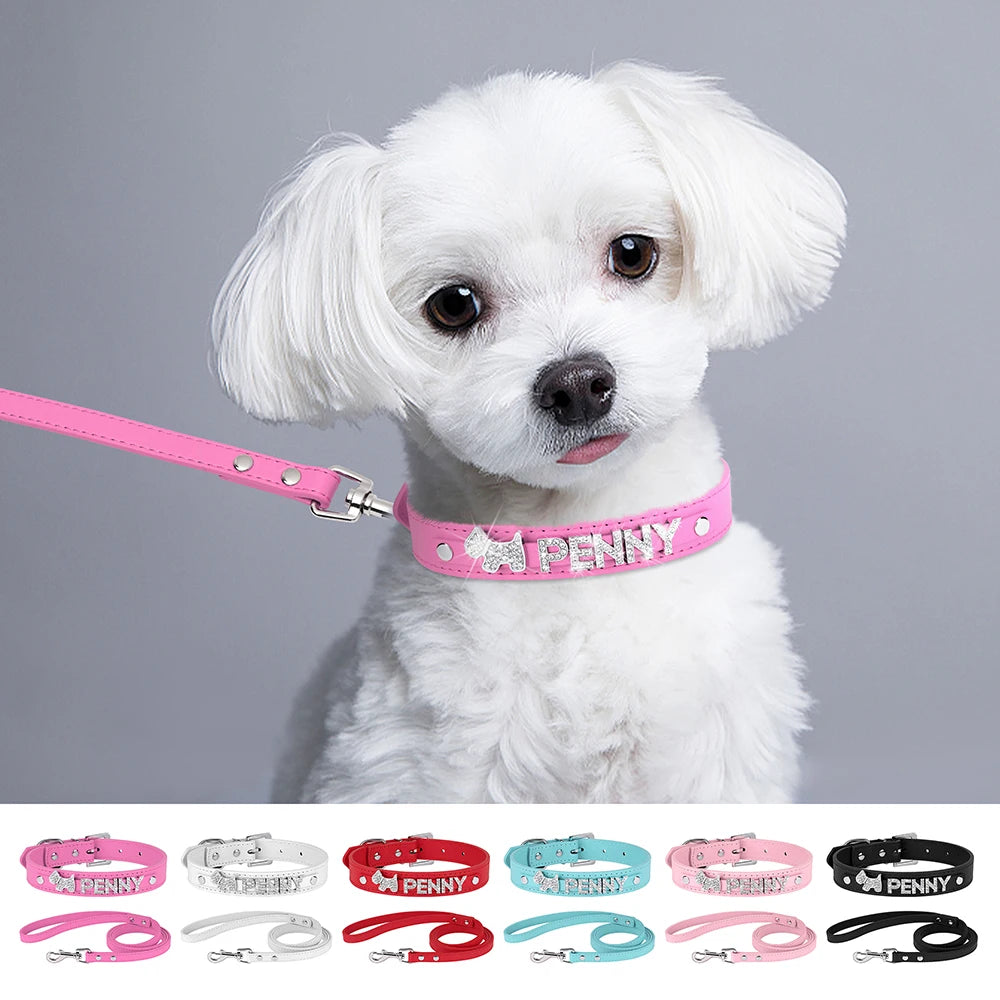 ✨ Personalized Bling Dog Collar & Leash Set – Custom Name with Rhinestones for Small & Medium Pets ✨