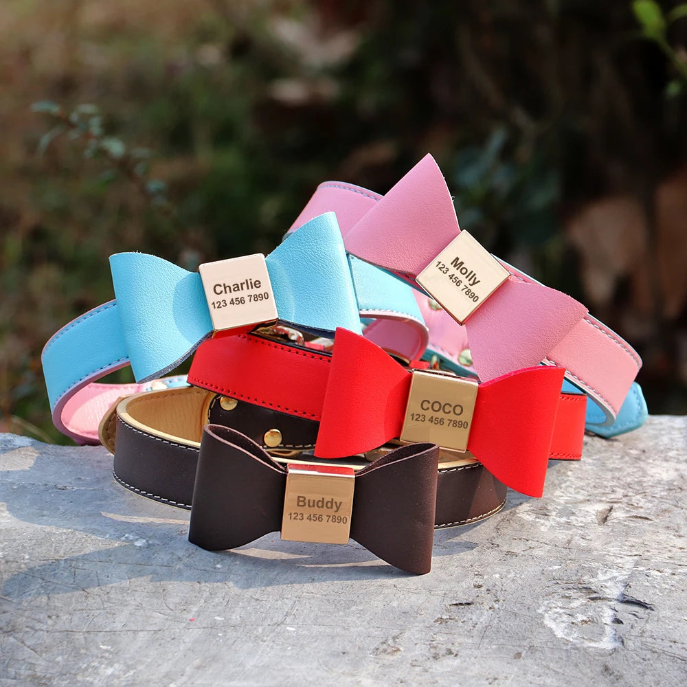 Personalized Dog Collar Customized Leather Pet ID Name Collar With Bowknot Free Engraved For Small Medium Dogs Cats Pet Supplies