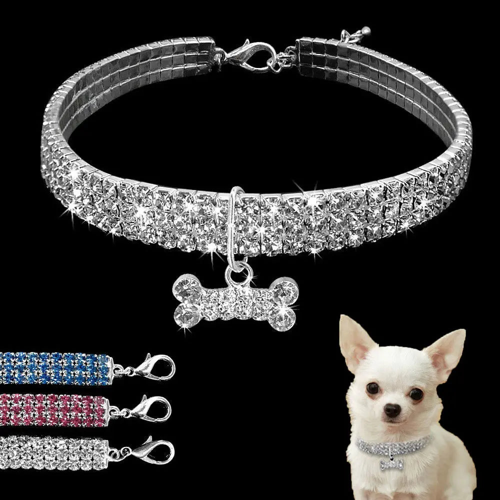 Bling Rhinestone Dog Collar with Crystal Bone Pendant – Adjustable Jewelry Necklace for Small & Medium Dogs (S/M/L, Pink/Blue/White)