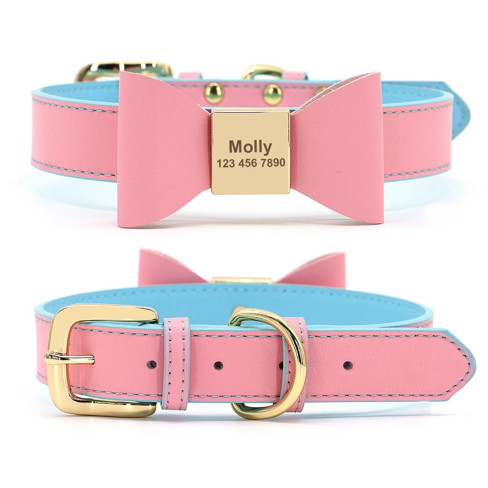 Personalized Dog Collar Customized Leather Pet ID Name Collar With Bowknot Free Engraved For Small Medium Dogs Cats Pet Supplies
