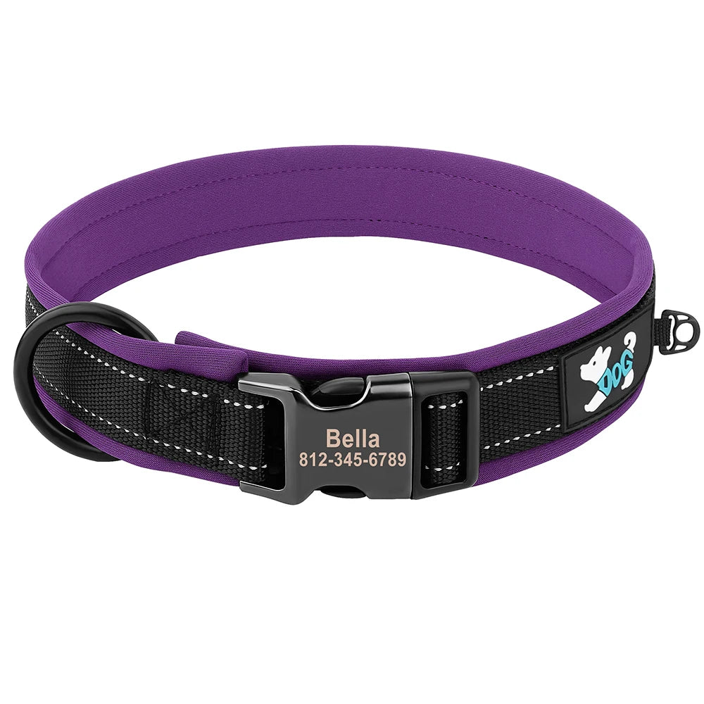 Adjustable Dog Collar - Personalized Reflective Padded Collar with Free Engraved ID Tag for Small, Medium & Large Dogs (Pitbull, Pug & More)