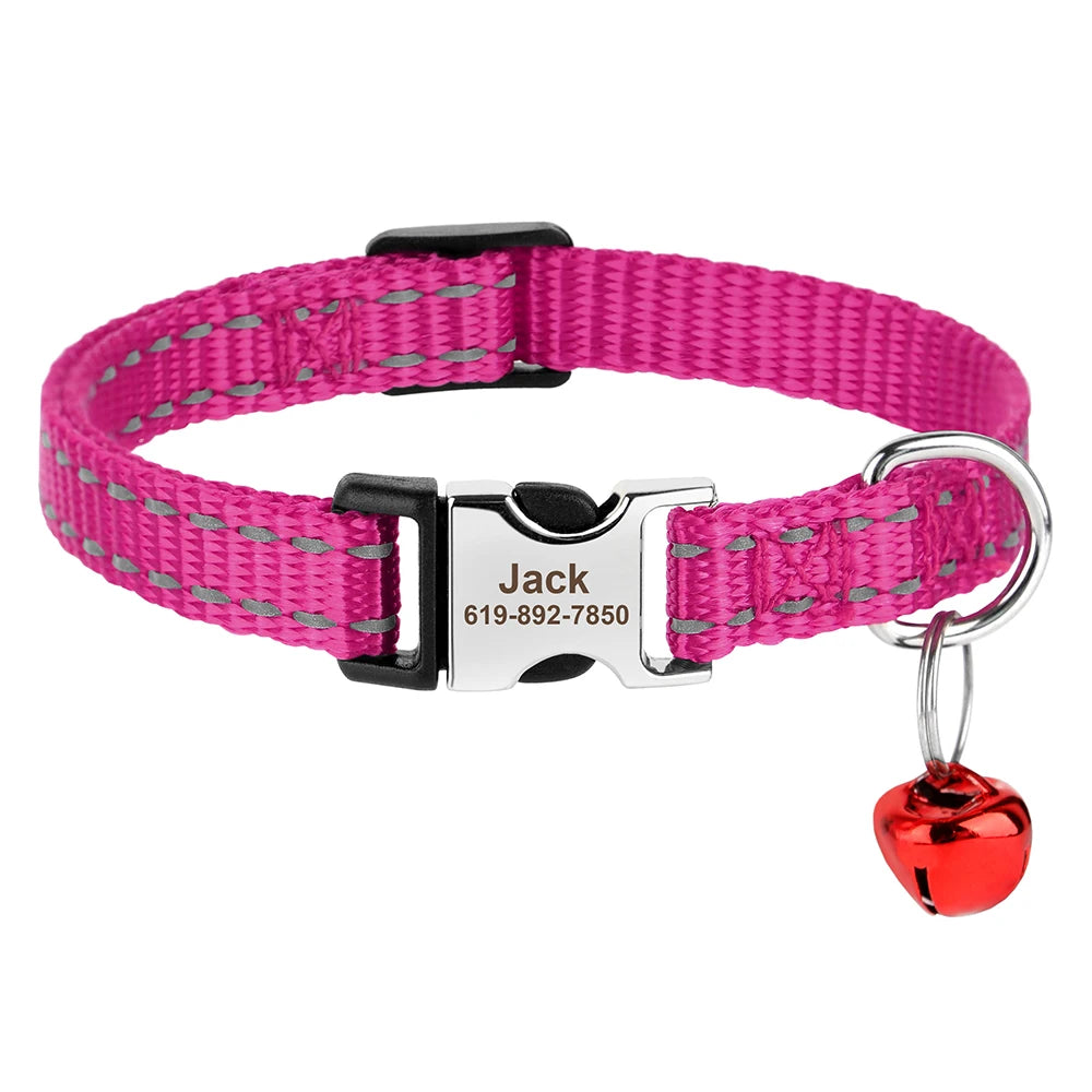Reflective Personalized Nylon Dog & Cat Collar with Custom Engraved ID Tag & Bell – Adjustable Safety Collar for Small & Medium Pets