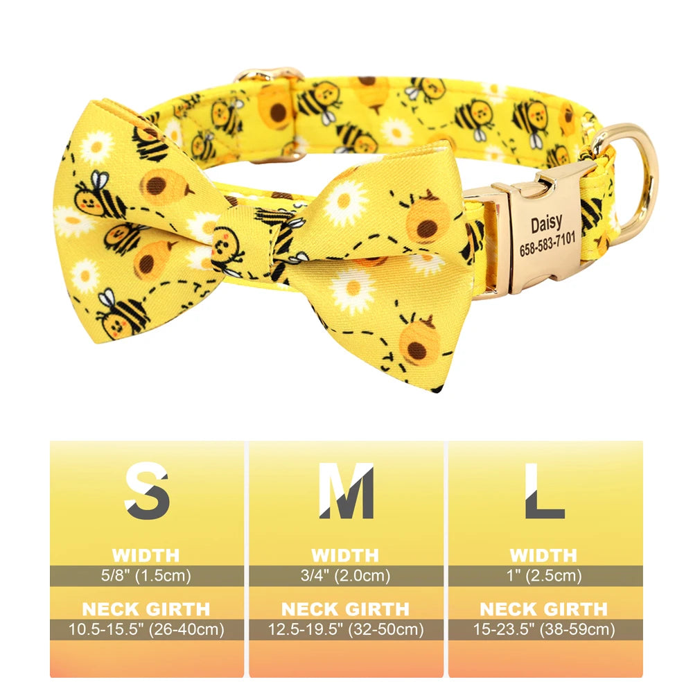 Custom Bowtie Dog Collar – Personalized Floral ID Tag with Engraved Name & Phone Number