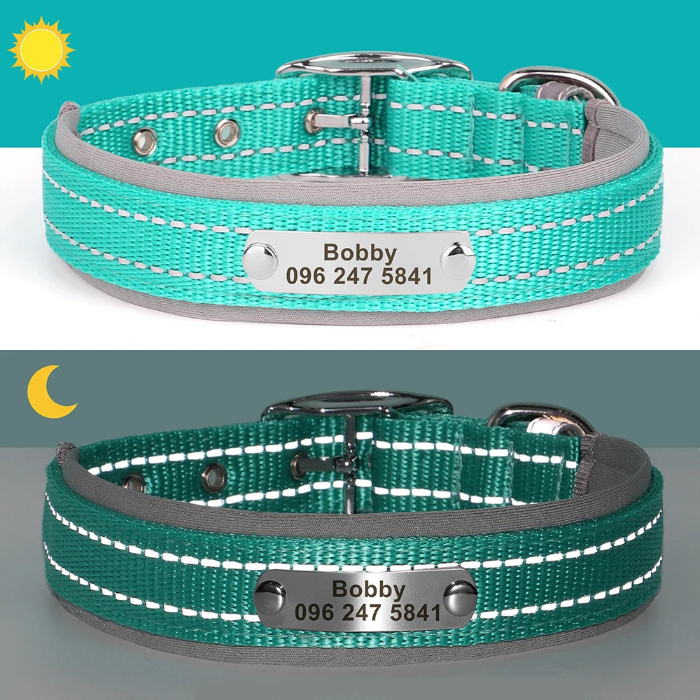Personalized Reflective Nylon Dog Collar – Custom Engraved ID Tag for Small, Medium & Large Dogs