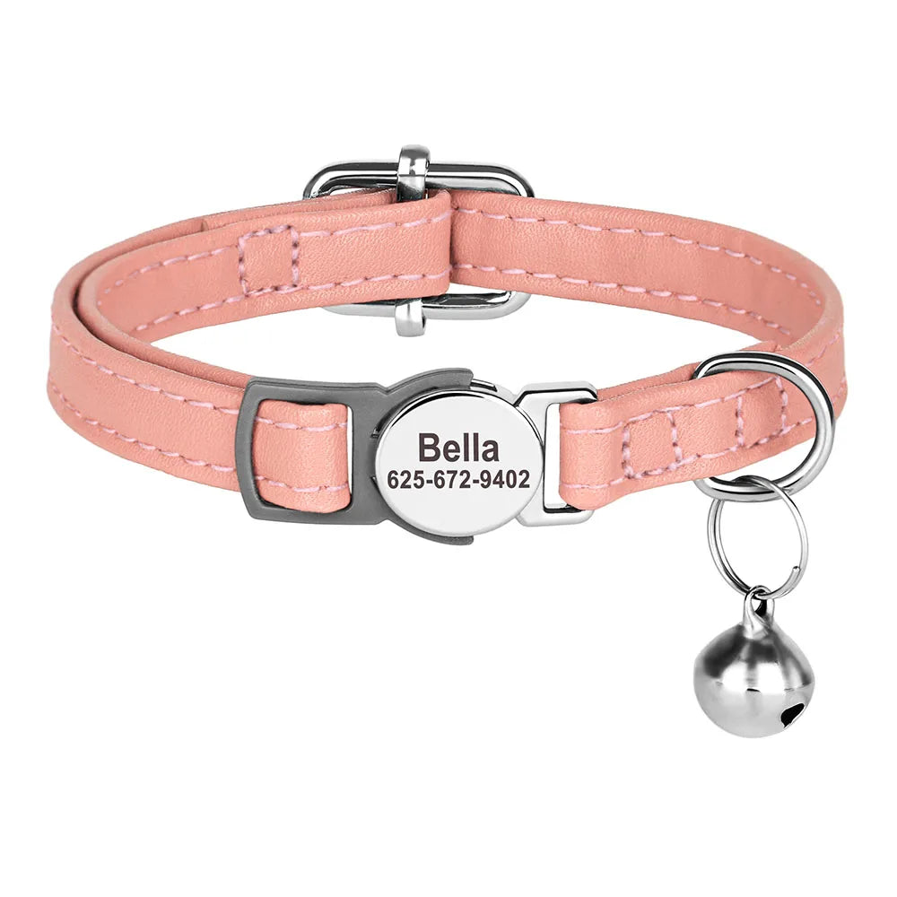 Personalized Cat Collar – PU Leather Adjustable Kitten & Puppy Collar with Engraved ID Nameplate & Bell, Anti-Lost Pet Collar