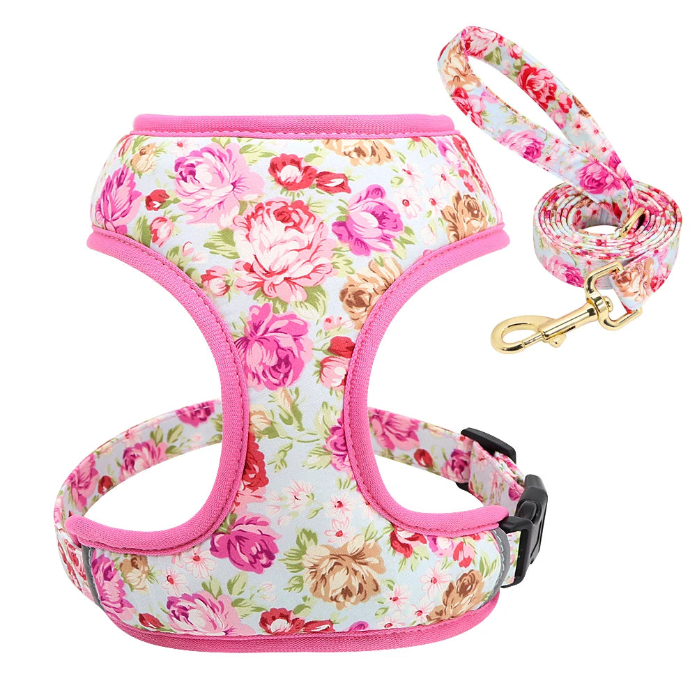 Cute Printed Dog Harness & Leash Set – Soft Mesh Adjustable Vest for Small & Medium Dogs & Cats (Chihuahua, Yorkie, Pug, Bulldog, Kitten)