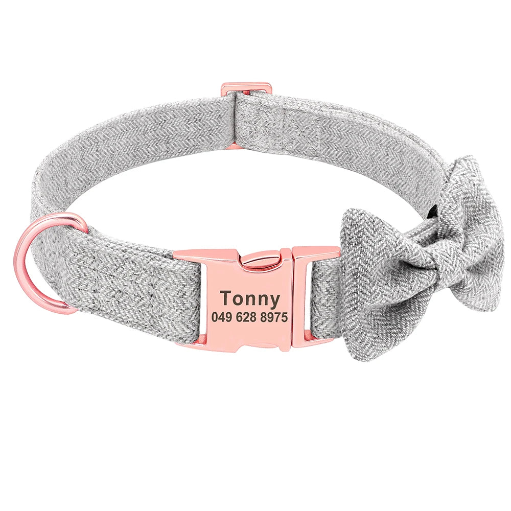 Customized Dog Collar & Leash Set – Personalized Pet Collars with Bowtie & Free Engraving
