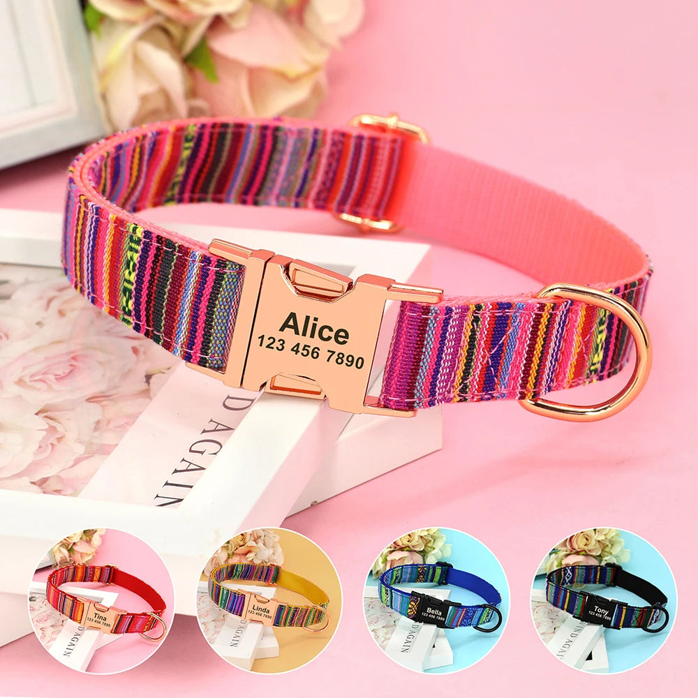 Personalized Nylon Dog Collar with Engraved Nameplate – Custom ID Tag for Small, Medium & Large Dogs