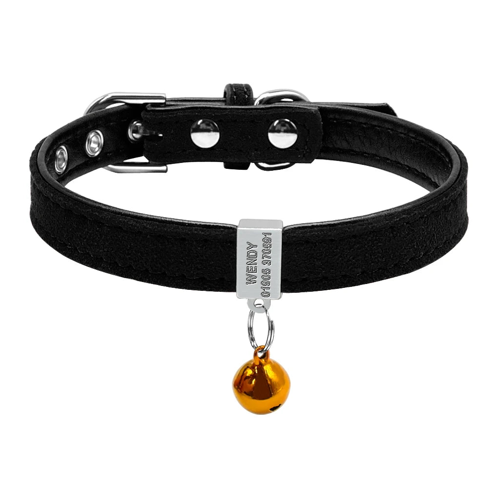 Personalized Leather Cat Collar – Custom Engraved Nameplate with Bell – Adjustable for Kittens, Cats & Small Dogs