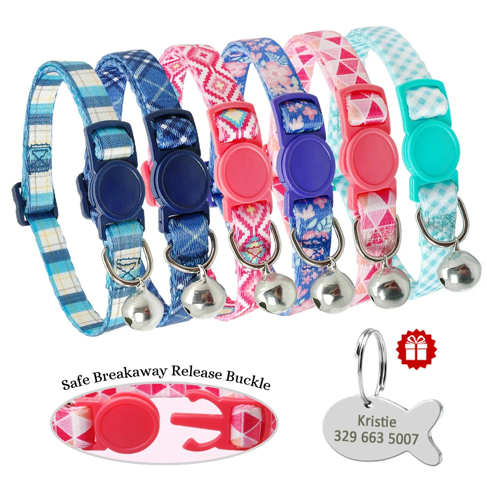 Personalized Cat Collar with Engraved Fish Tag – Adjustable Nylon Collar for Cats & Small Dogs