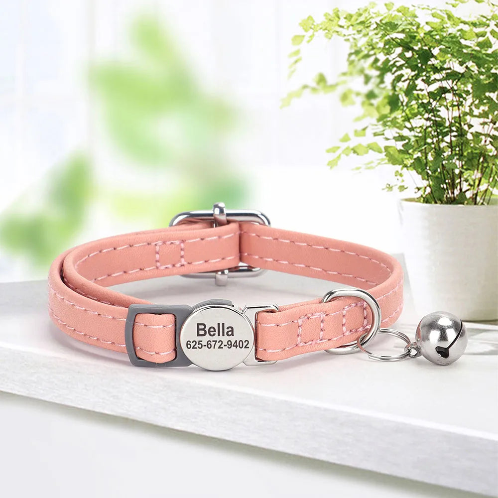 Personalized Cat Collar – PU Leather Adjustable Kitten & Puppy Collar with Engraved ID Nameplate & Bell, Anti-Lost Pet Collar