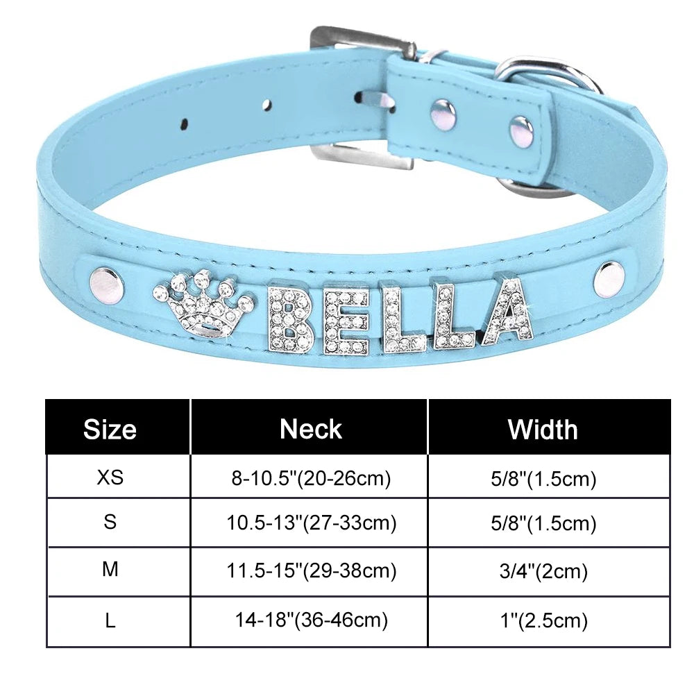 Bling Personalized Dog & Cat Collar – PU Leather Puppy Chihuahua Necklace with DIY Rhinestone Name & Free Charms