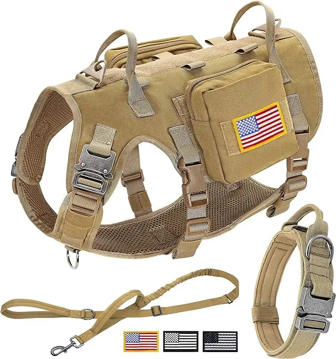 Tactical Military Dog Harness, Collar & Leash Set – Durable MOLLE Training Vest with Pouches & Flag for Large Dogs