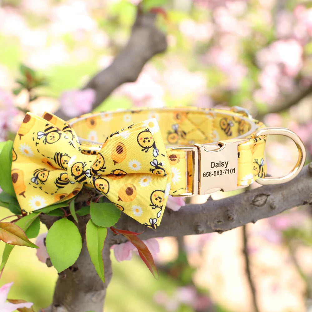 Custom Bowtie Dog Collar – Personalized Floral ID Tag with Engraved Name & Phone Number