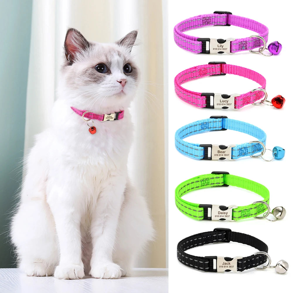 Personalized Pet Cat Collar Reflective Nylon Puppy Cat Collars Custom Engraved Pet Kitten Collar With Bell For Small Dogs Cats
