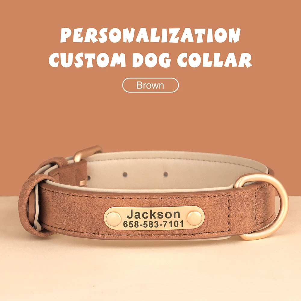 🐾 Personalized PU Leather Dog Collar – Custom Engraved Nameplate ID Tag 🐶