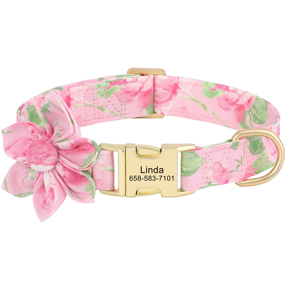 🌸 Personalized Floral Nylon Dog Collar with Free Engraving – Adjustable for Small, Medium, Large Dogs