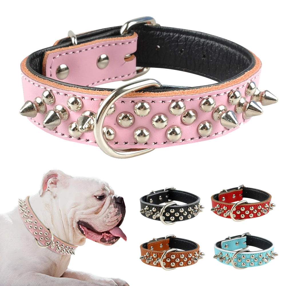 Spiked Studded Leather Dog Collar – Adjustable Anti-Bite Bulldog Collar for Small, Medium & Large Dogs